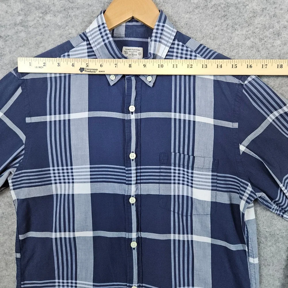 J Crew Summer Plaid Shirt Men's Size S Button Down Cotton Blue White Casual HOLE